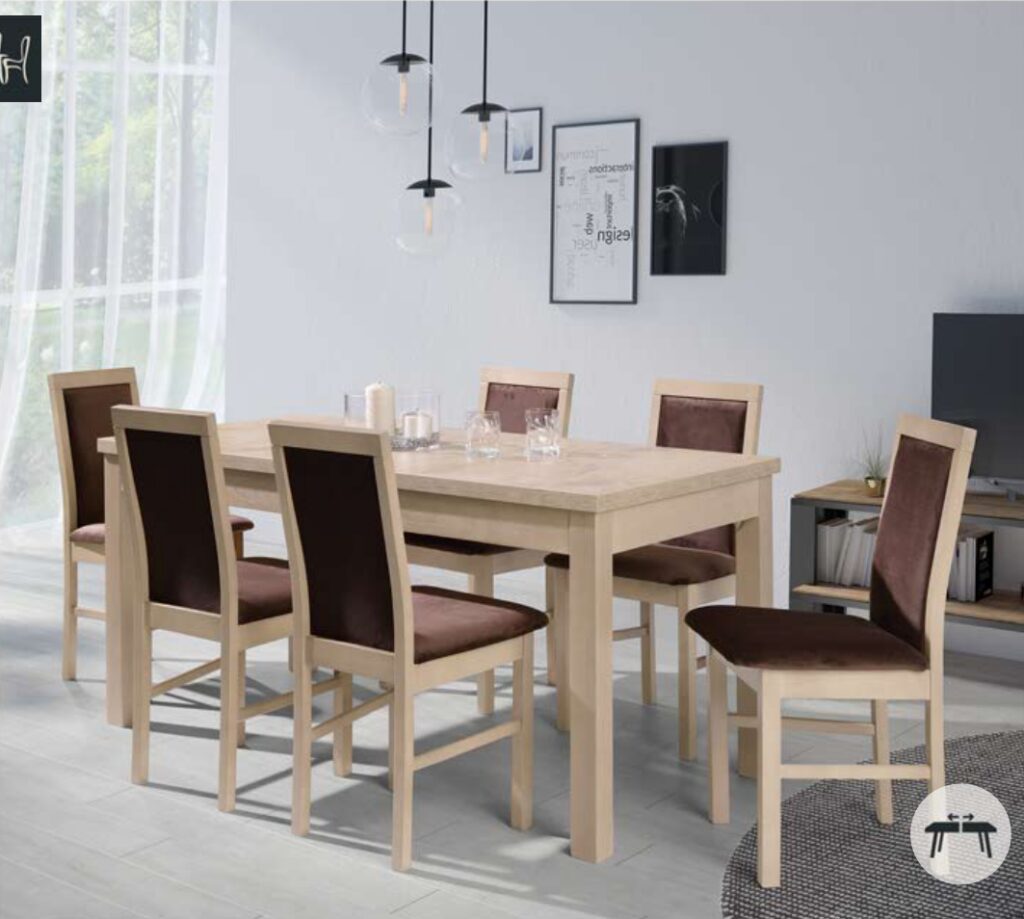 שולחן אוכל מתוצרת פולין אשר מיובא לארץ באיכות גבוהה מאוד.  הפלטה העליונה למינציה הרגלים והמסגרת עץ מלא .ניתן לבחור צבעי עץ וריפוד מתוך קטלוג .מעוצב בקווים נקיים ואלגנטיים  *כיסאות מגיעים בנפרד